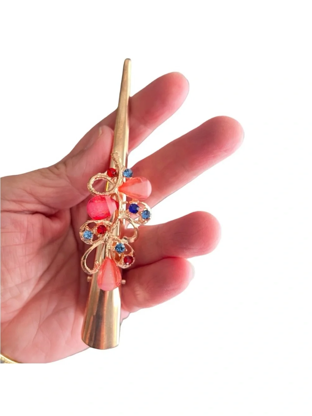 Gold Hair Stick Clip with Coral Pink Blue Gem Accents FINAL PRICE DROP